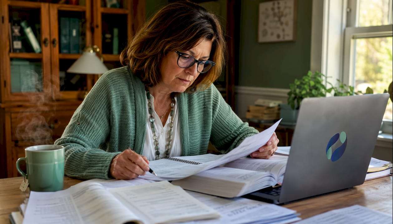Medical billing specialist reviewing paperwork