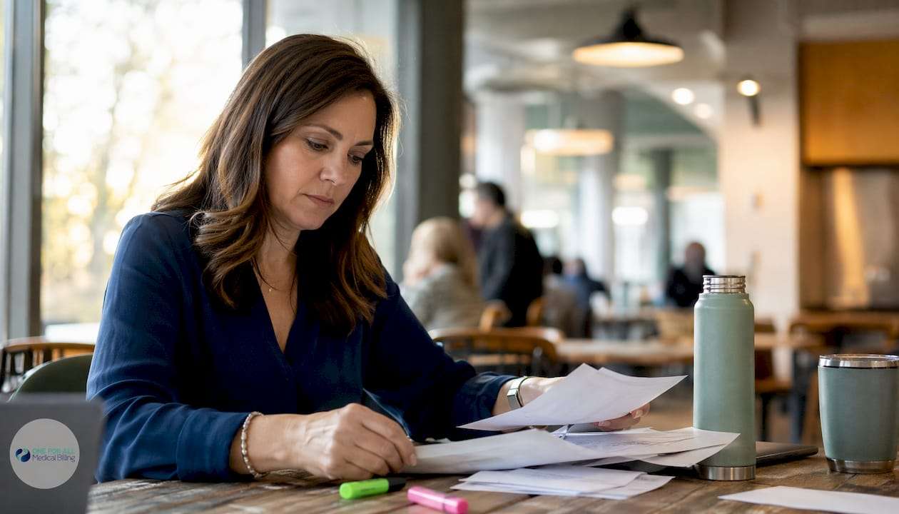 Manager sorting patient billing statements at desk