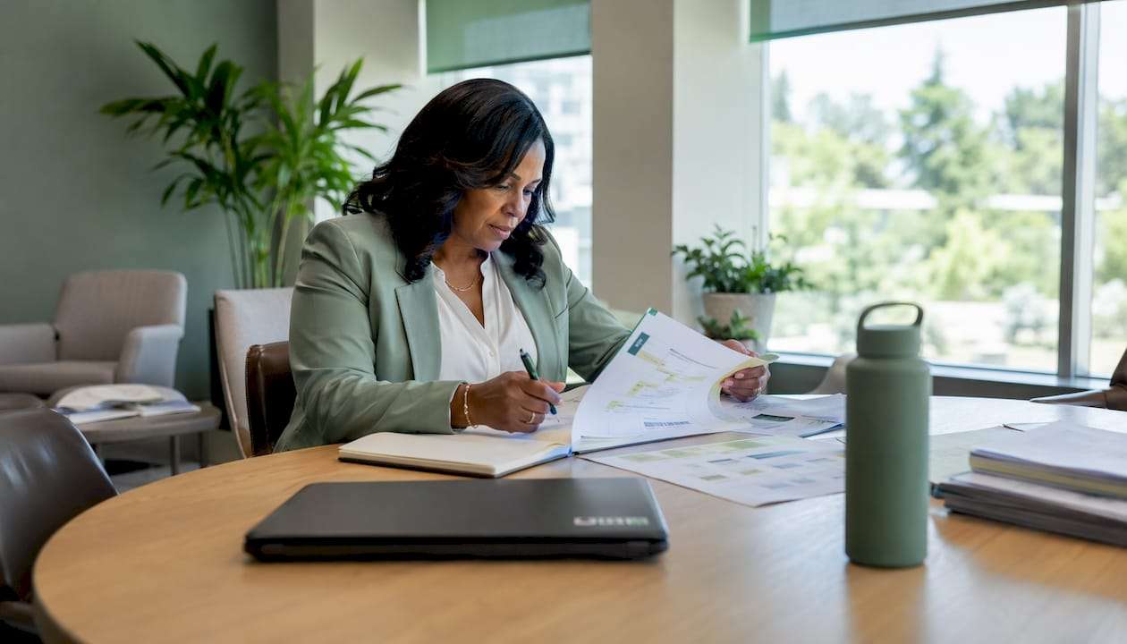 Finance manager reviewing RCM workflow documents
