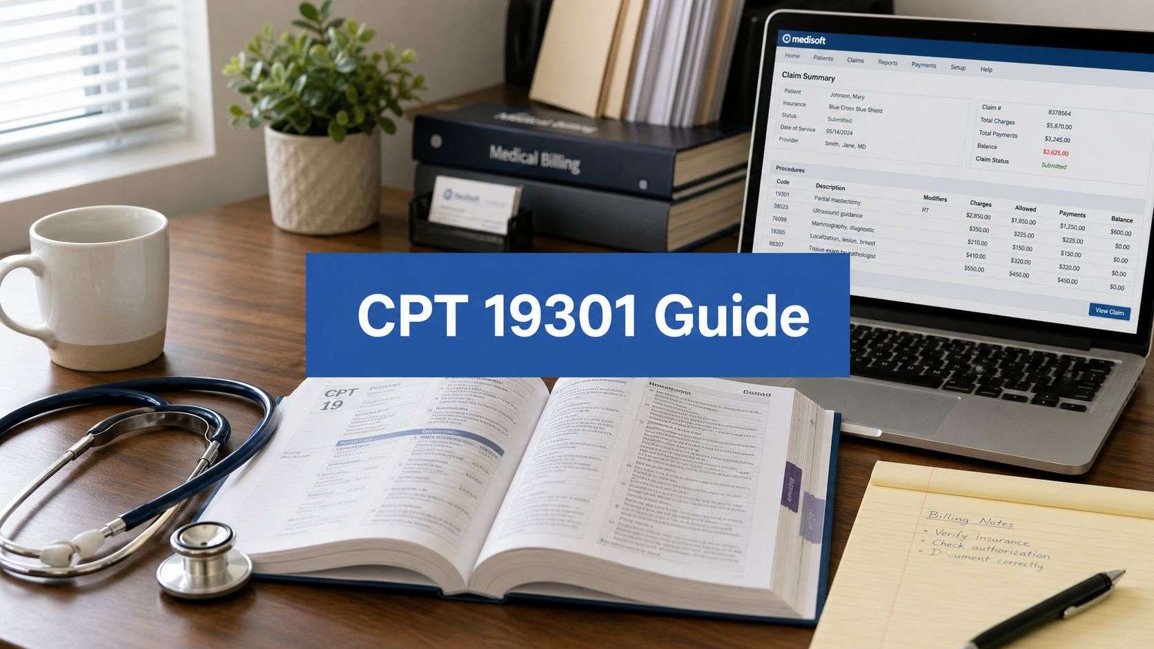 Desk scene for medical billing: open CPT 19301 Guide on a wooden table with stethoscope, notebook, mug, and a laptop displaying billing software.