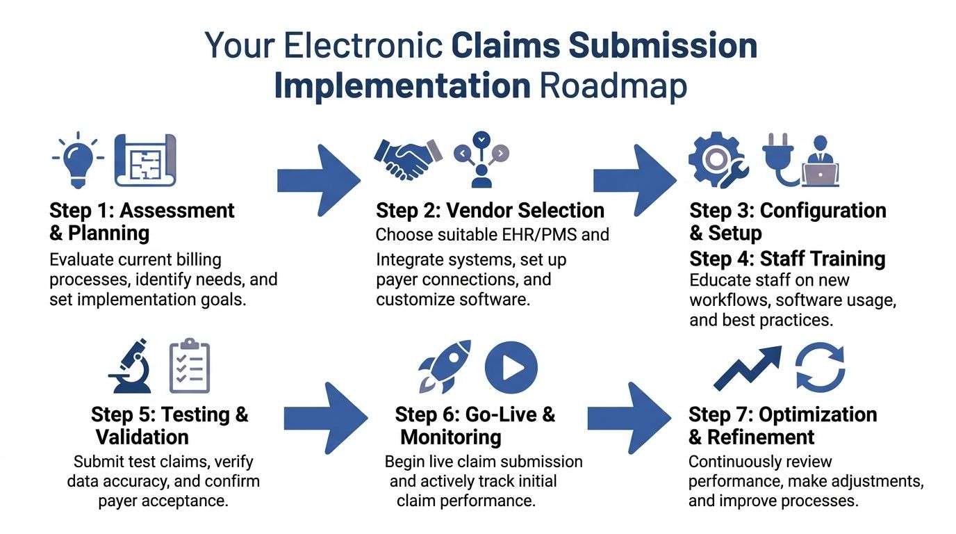 A seven-step implementation roadmap for electronic claims submission featuring icons and descriptions for healthcare providers.