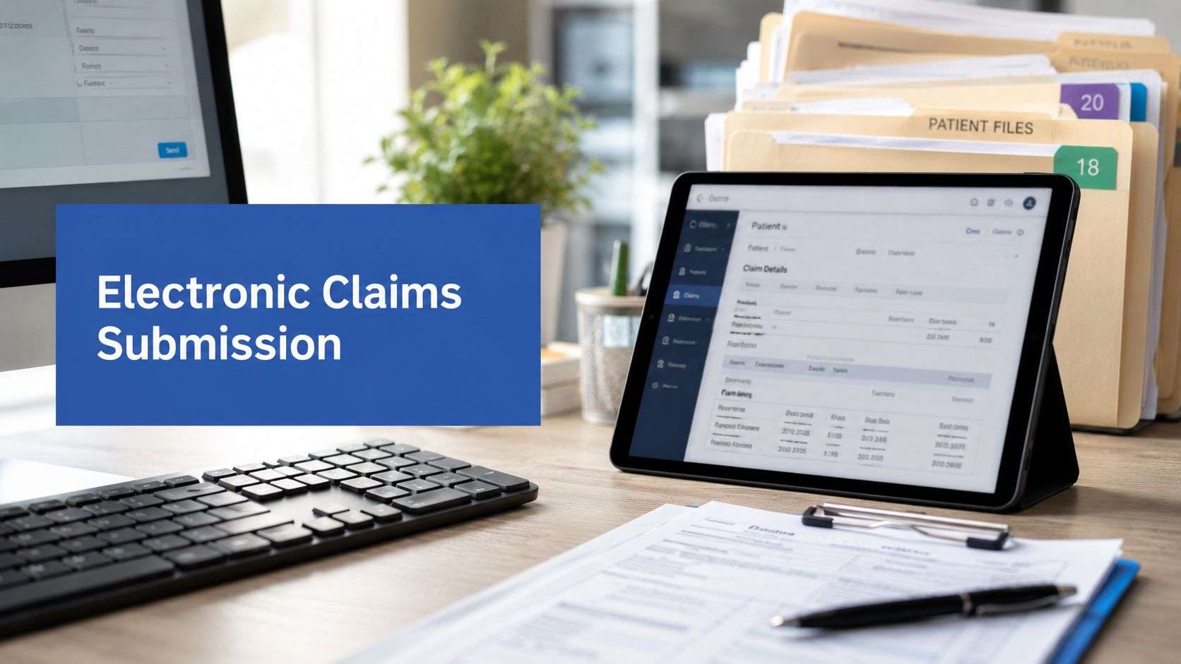 electronic-claims-submission-medical-office - One For All Medical Billing Blue sign reading 'Electronic Claims Submission' beside a tablet showing a claims form on a desk.