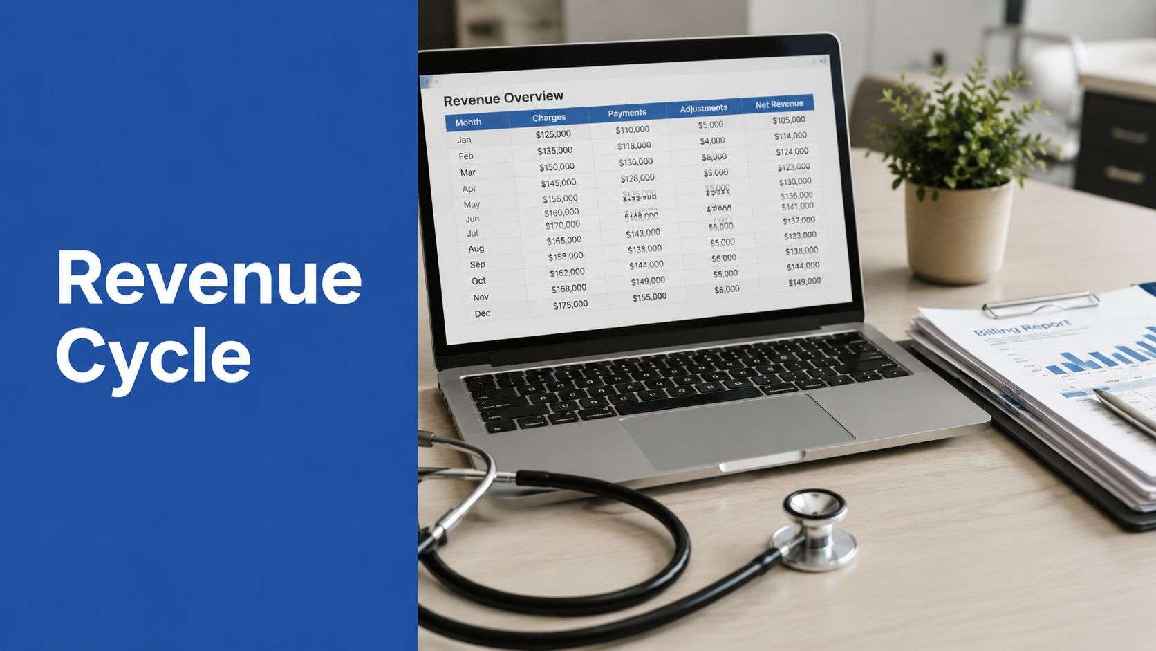 Blue panel reads 'Revenue Cycle' beside a desk with a laptop showing a revenue table and medical documents nearby.