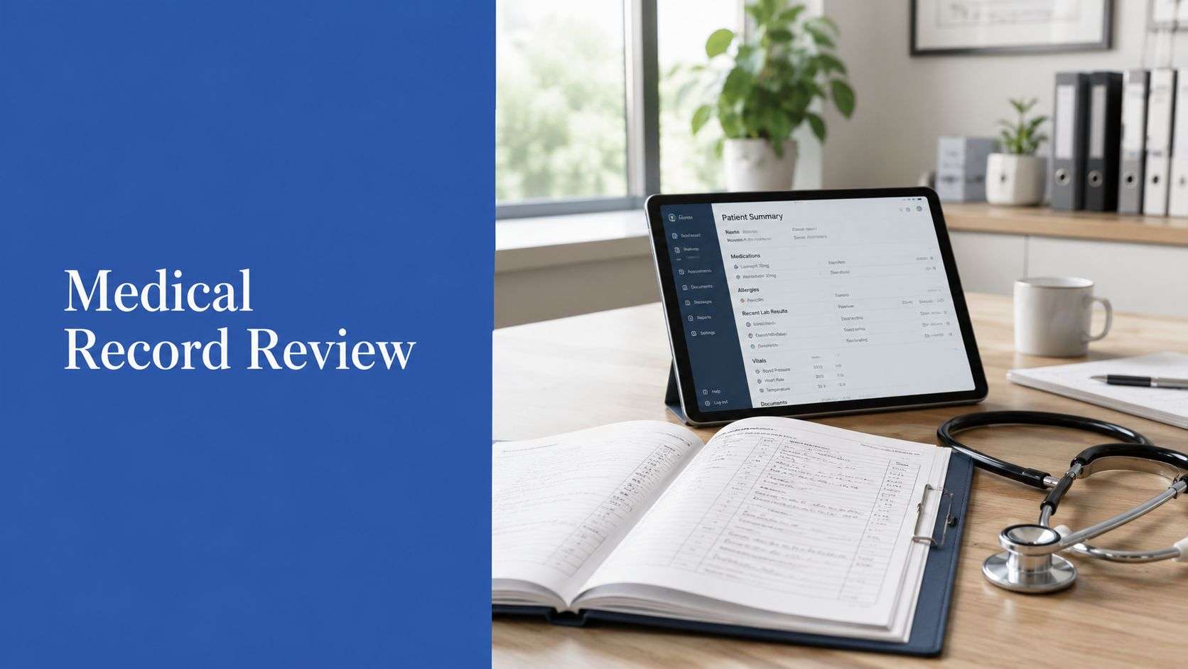 medical-record-review-medical-consultation - One For All Medical Billing Blue panel with the words 'Medical Record Review' beside a desk scene showing a tablet with a patient summary, a stethoscope, and an open notebook on a wooden desk.