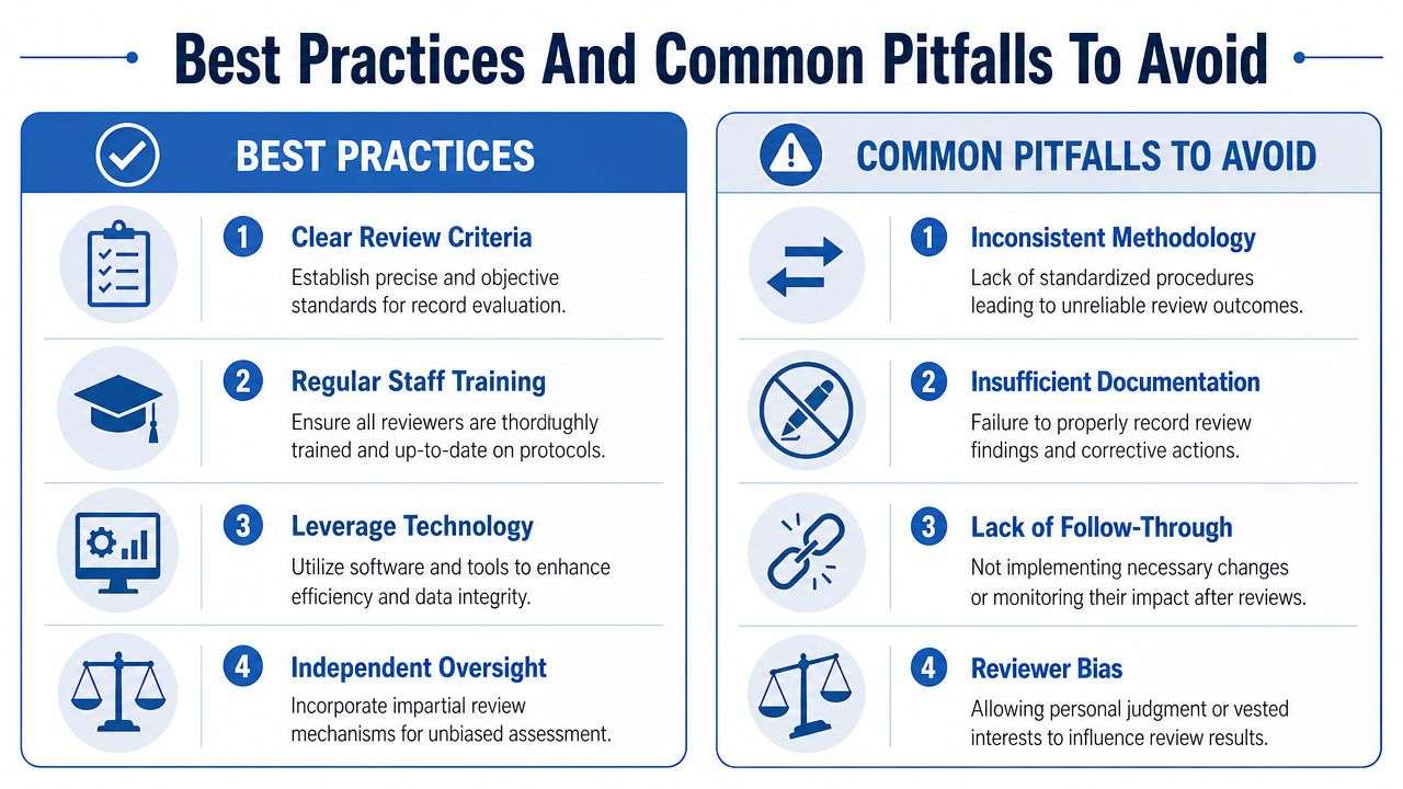 An infographic showing best practices and common pitfalls to avoid in a systematic record review process.
