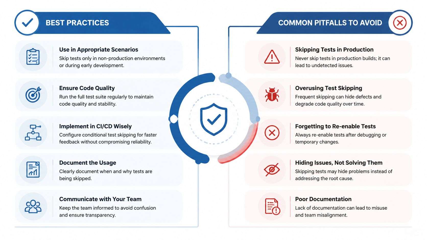 A comparison infographic showing best practices for test skipping versus common pitfalls to avoid in software development.
