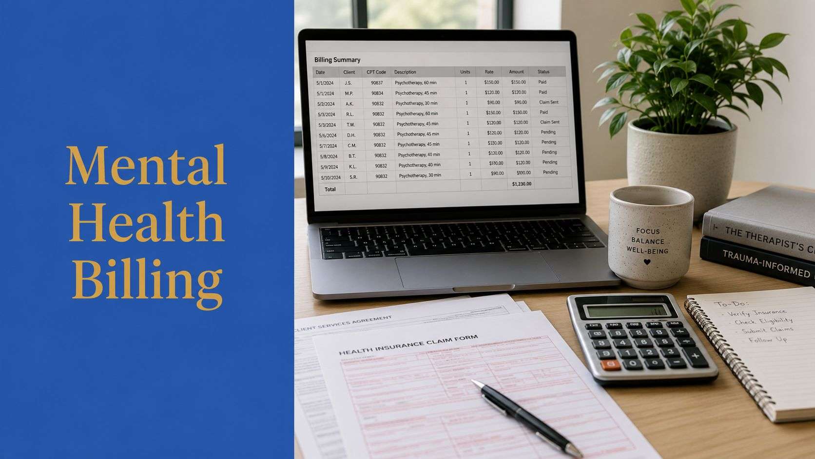 mental-health-billing-company-medical-billing - One For All Medical Billing Blue panel on the left reads 'Mental Health Billing'; on the right, a desk with a laptop displaying a billing summary, a calculator, a mug, and forms.