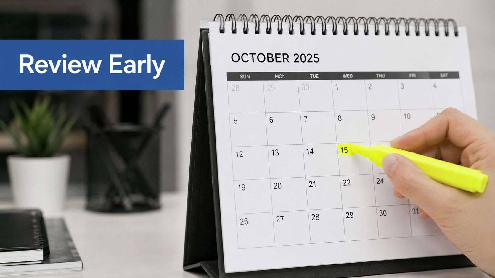 A hand using a yellow highlighter to mark the 15th on an October 2025 desk calendar.