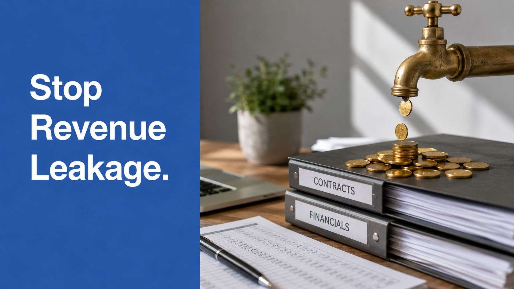 Blue panel with the phrase 'Stop Revenue Leakage.' next to a desk showing a money-filled faucet dripping coins onto a stack atop labeled contracts and financial files.