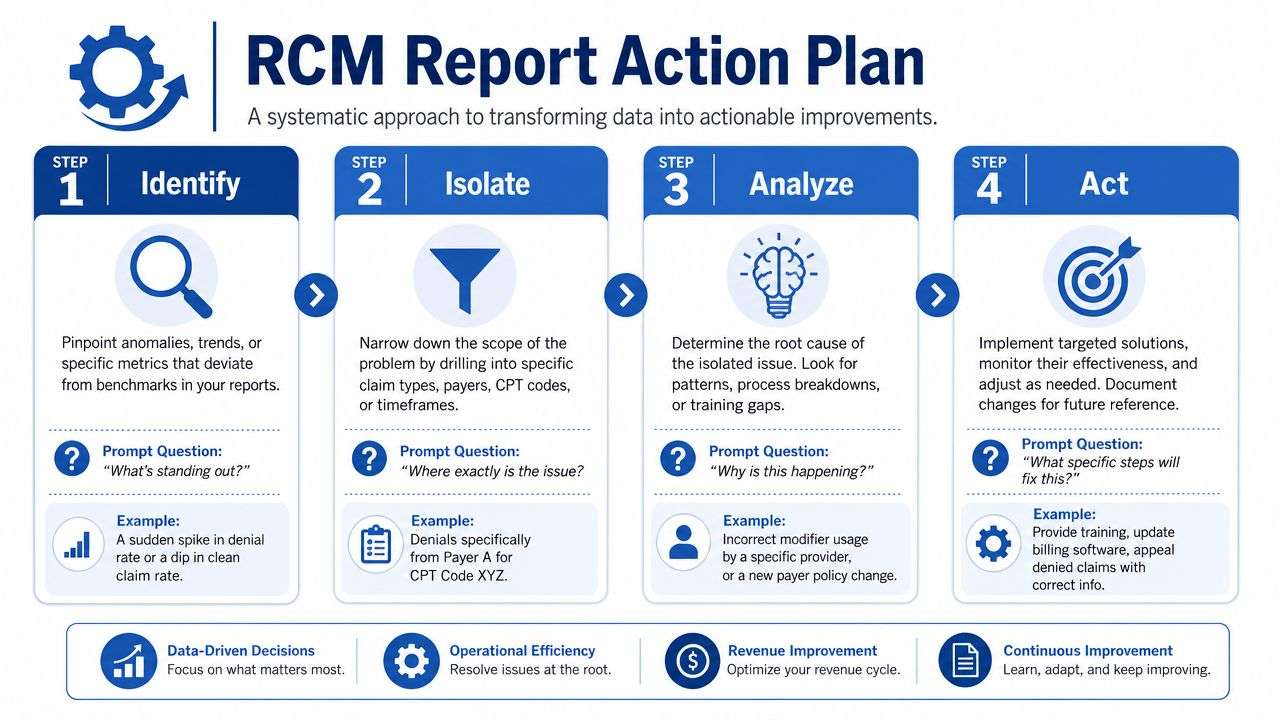 A flowchart titled RCM Report Action Plan showing a four-step process for analyzing and resolving billing data issues.