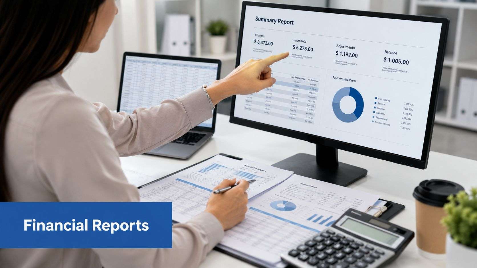 A professional accountant reviewing financial summary reports on a computer screen and paper documents in an office.