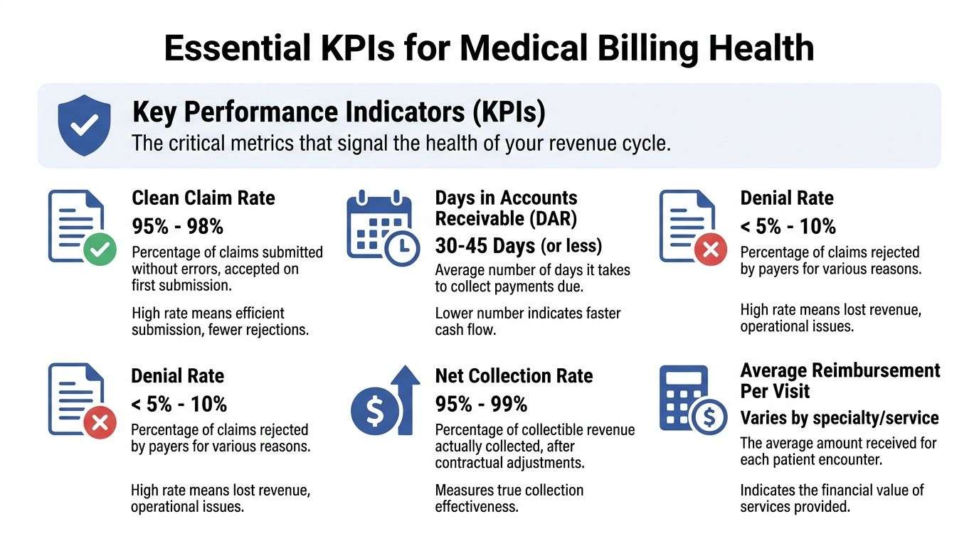 An infographic showing essential medical billing key performance indicators like clean claim rate and denial rate.