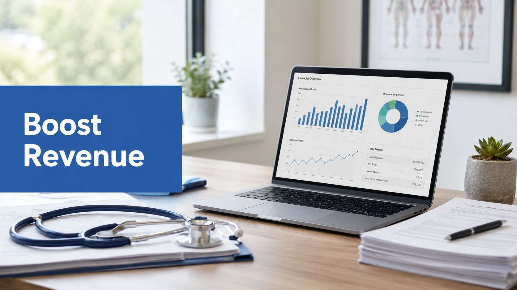 Blue panel with 'Boost Revenue' text sits on a desk beside a laptop displaying financial charts and a stethoscope nearby on papers, in a bright office. And a small plant in the background.