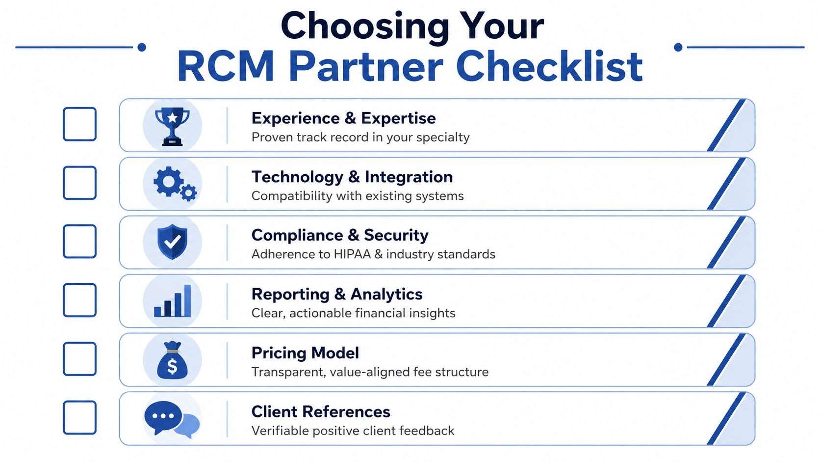 A checklist for choosing a revenue cycle management partner featuring six key criteria for healthcare businesses.