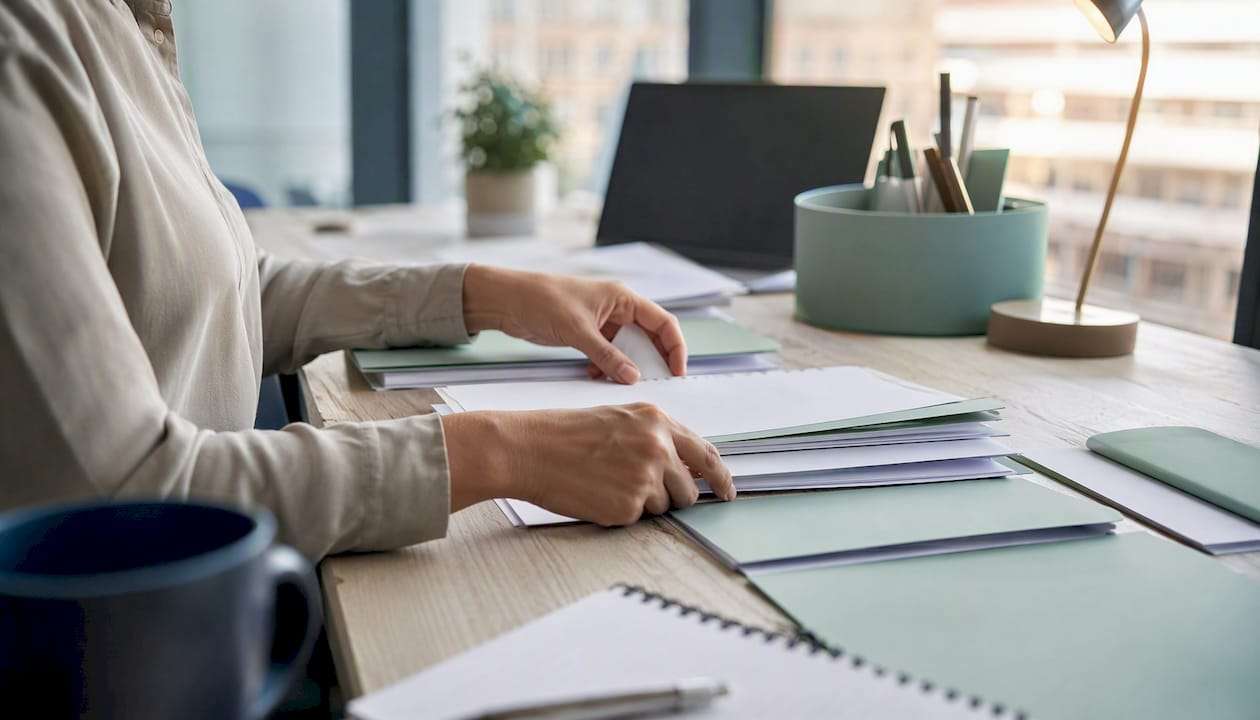Hands organizing medical billing payment records