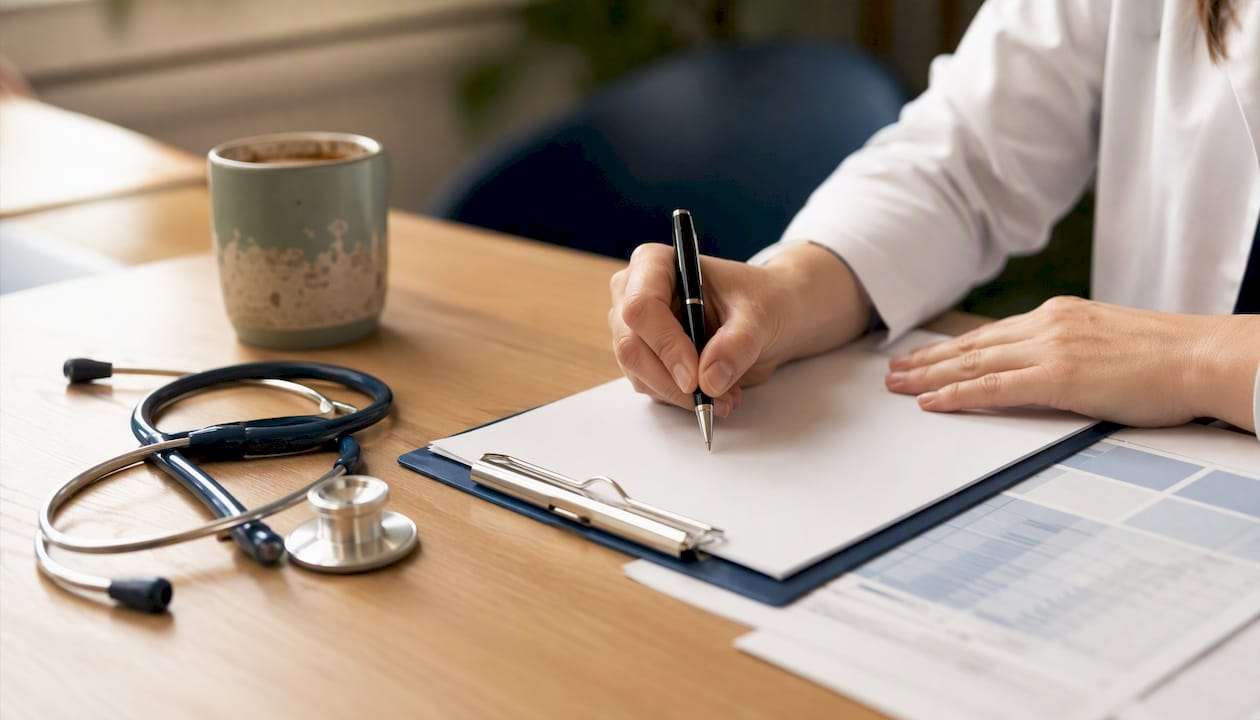 Hand holding pen over clinical documentation setup