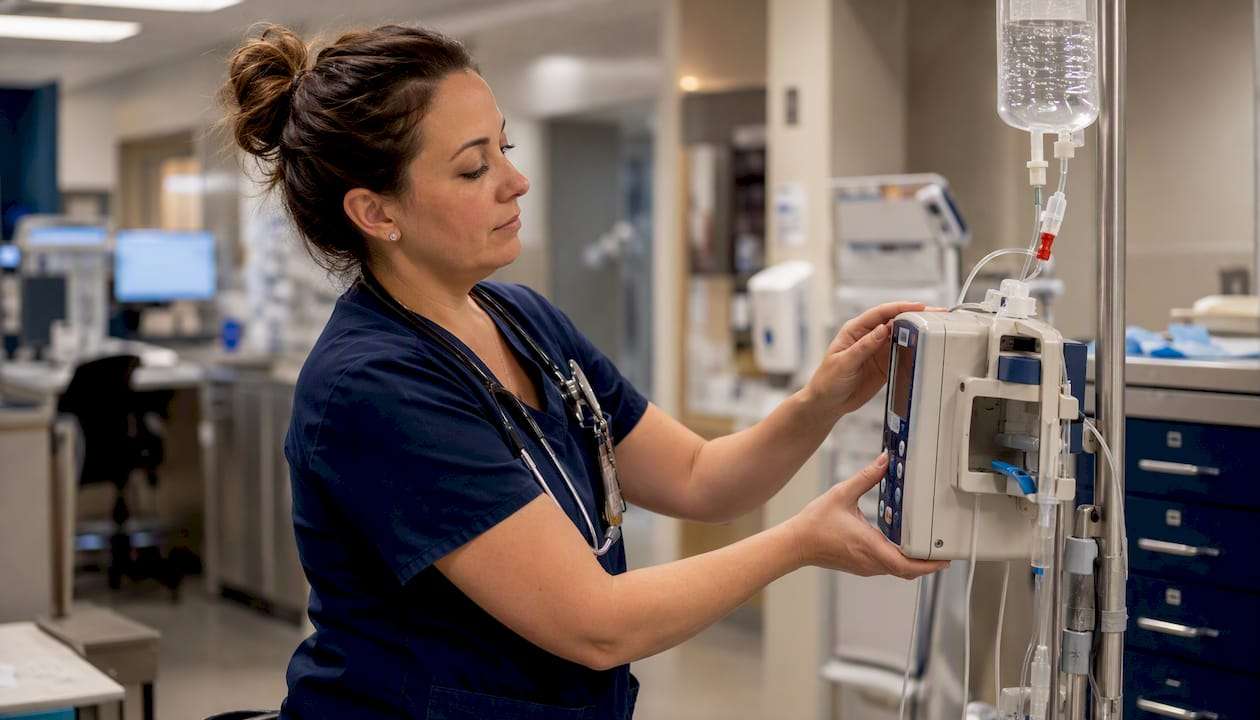 Nurse adjusting medical IV infusion pump