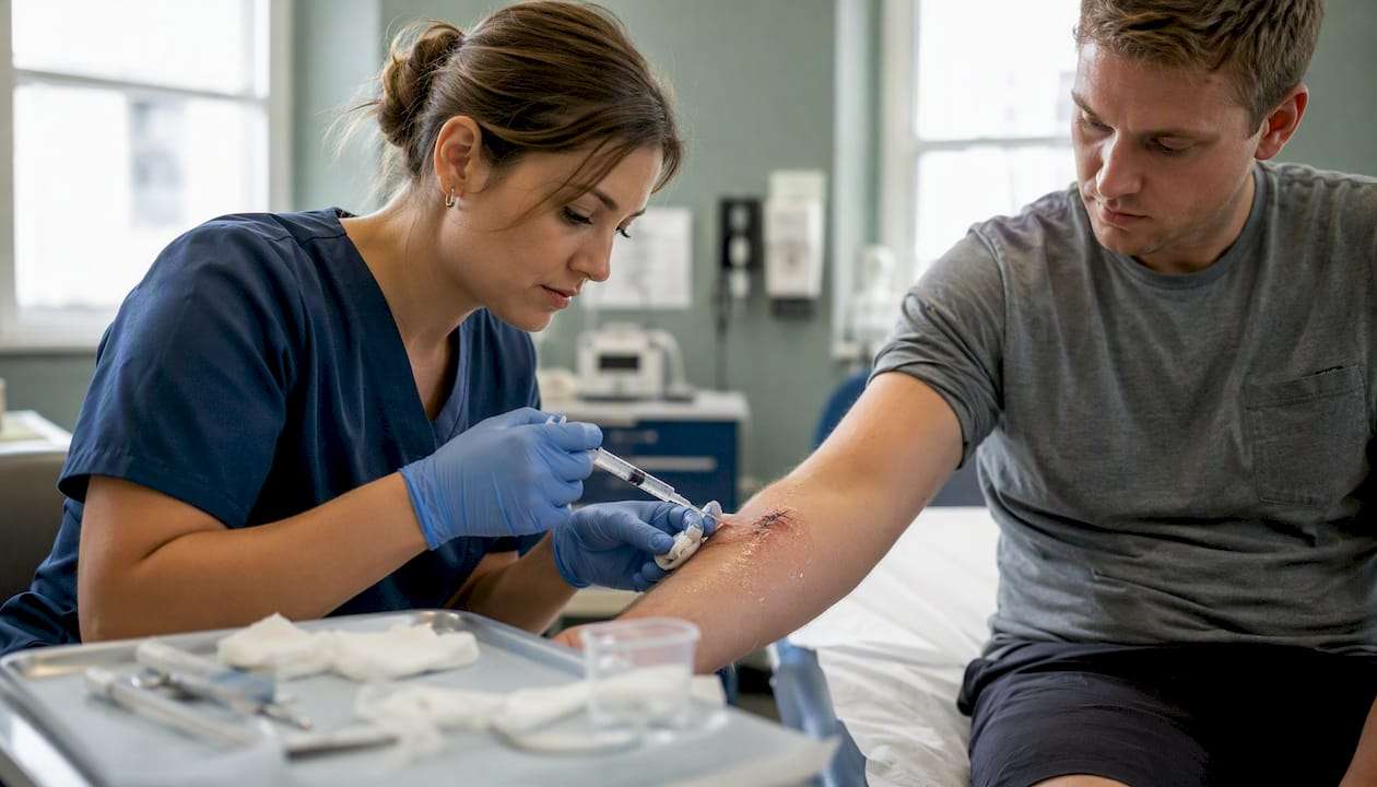 Nurse irrigating and closing arm laceration