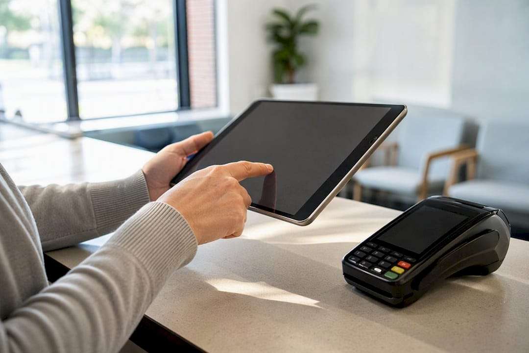 Hands checking patient eligibility on tablet
