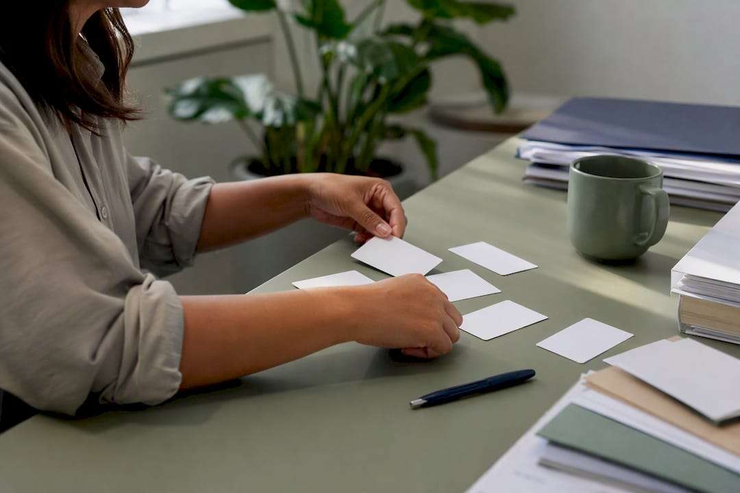 Hands organizing insurance cards on medical desk