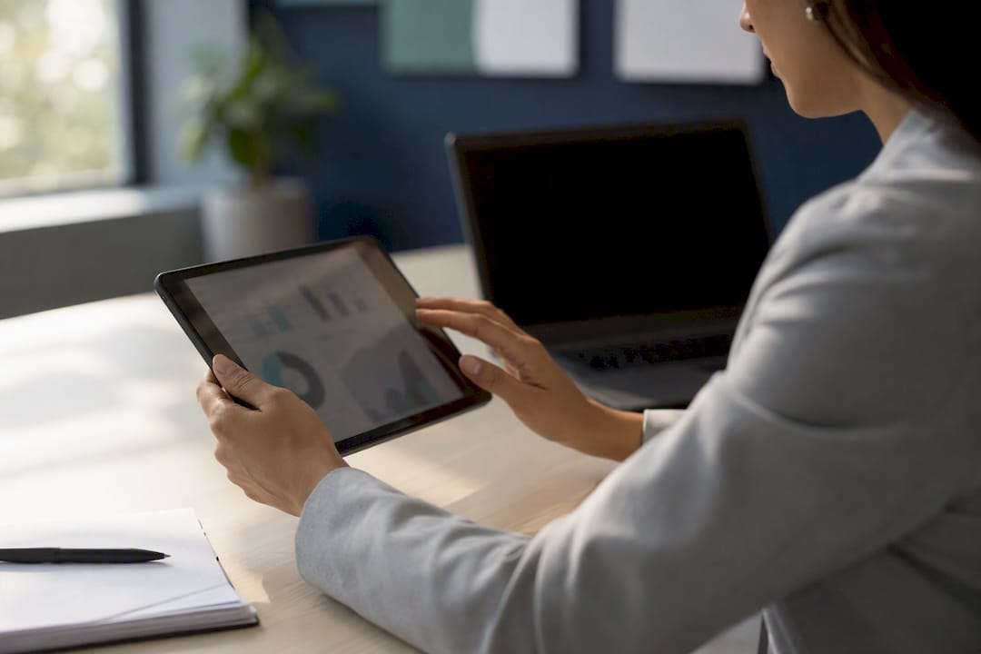 Hands analyzing clean claim rate charts on tablet